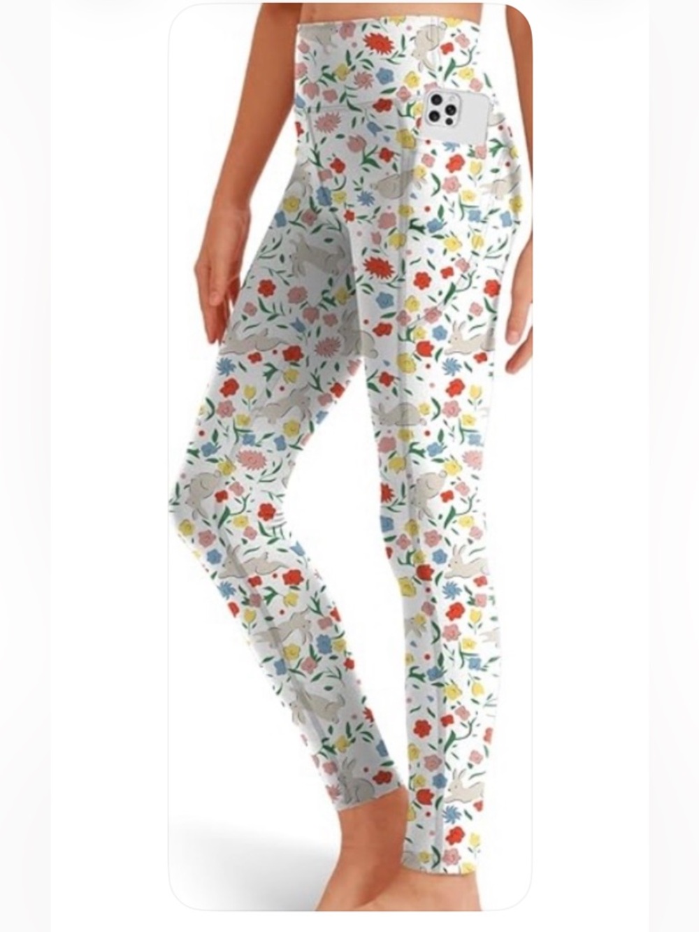 NEW Girl White Floral & Bunny Print High-Waist Athletic W/ Side Pockets